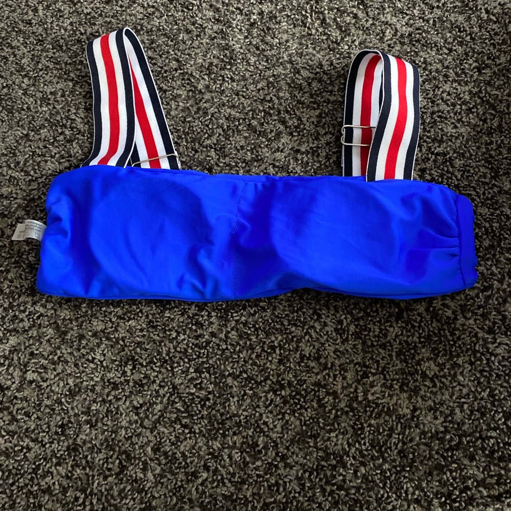 Blue bikini top, red, white, blue striped straps